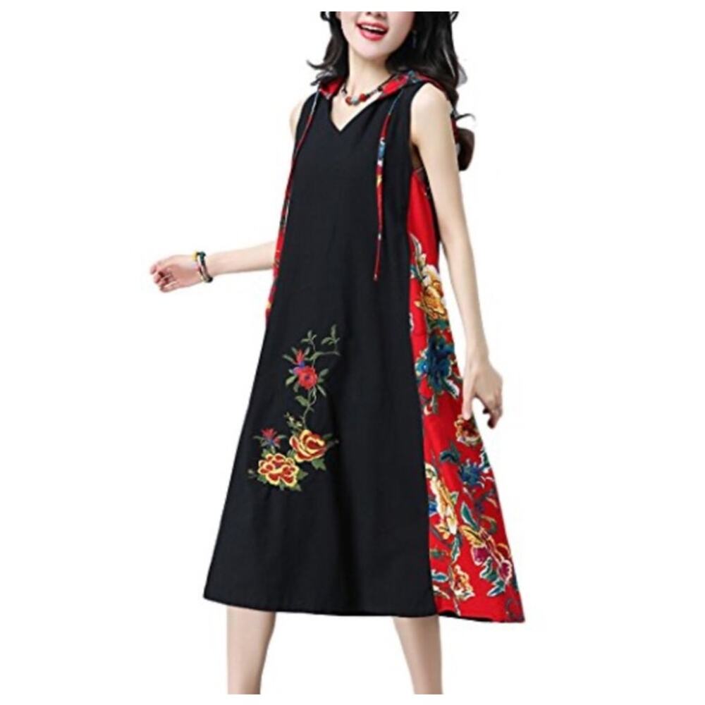Red Black Floral Hooded Cotton Linen Vneck Dress SMALL Embroidered Whimsygoth